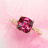Pink Peach Spinel Cushion & Diamond Ring in 18K Yellow Gold