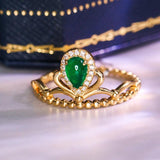 Cabochon Emerald & Diamond Crown Ring in 18K Yellow Gold