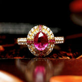 Vintage Pink Peach Ruby Oval Ring - 18K Yellow Gold