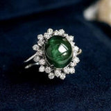 5.3ct Green Cat's Eye Gemstone Cabochon & Custer Diamond 18K Ring