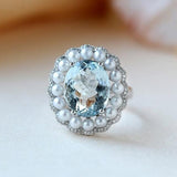 5.7ct Santa Maria Aquamarine & Akoya Pearl Halo Ring in 18K Gold