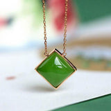 5A+ Jade Square Shape Cabochon Necklace in 18K Yellow Gold
