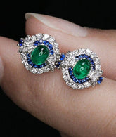 Art Deco Emerald & Sapphire Diamond Studs Earrings - 18K White Gold
