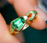 Tsavorite Emerald Cut & Fanta Garnet Ring in 18K Yellow Ring