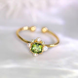 Peridot Asscher Cut & Seawater Pearl, White Diamond Handmade 18K Yellow Gold Olivine Ring, Open Ring, Anniversary Gift Idea
