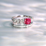 Leaf Red Spinel 18K White Gold Stacking Ring with Diamond
