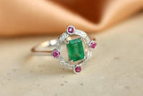 Emerald & Ruby Vintage Ring in 18K White Gold