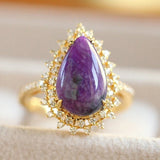 AAA+ Purple Sugilite Pear-Shape & Halo Diamond Ring in 18K Yellow Gold