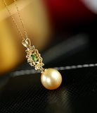 11mm Golden South Sea Pearl & Emerald Necklace in 18K Yellow Gold