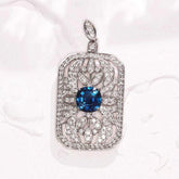 Blue Sapphire Full Diamonds Pave Pendant in 18K White Gold