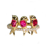 Three Bird Peach Red Spinel Cushion Ring in 18K Yellow Gold