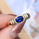 Engraved Style Blue Sapphire Horizontal 18K Gold Ring with Diamonds