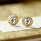 White Jade & Diamond Stud Earrings with Brush Finish in 18K Gold