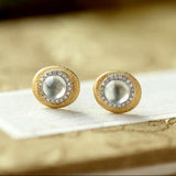 White Jade & Diamond Stud Earrings with Brush Finish in 18K Gold