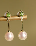 Mint Tourmaline & 7.5mm Akoya Pearl Earrings - 18K Yellow Gold