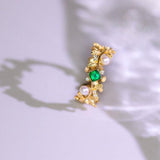 Emerald & Seawater Pearl Ring in 18K Yellow Gold