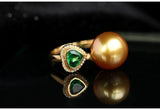 3A+ Golden South Sea Pearl & Heart Emerald Ring - 18K Yellow Gold
