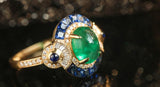 1.7ct Emerald Cabochon & Sapphire Art Deco Ring in 18K Yellow Gold
