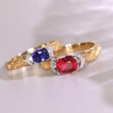 Red Spinel Hammered 18k Gold Horizontal Stone Ring with Blue Sapphire
