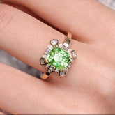 Art Deco Olivine & White Diamond 18K Gold Ring