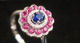Vintage Sapphire Double Halo 18K Gold Ring with Pink Ruby