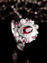 Ruby Oval & Akoya Pearl Statement Ring in 18K White Gold