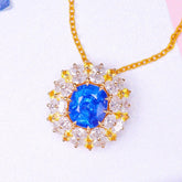 2.2ct Blue Sapphire Oval Cut 18K Gold Pendant with Huge Halo Diamond