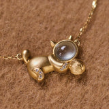 Cat Design Jade Cabochon Necklace in 18K Yellow Gold