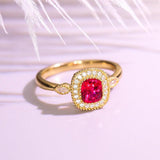 Red Spinel Cushion & Diamond Halo Ring - 18K Yellow Gold