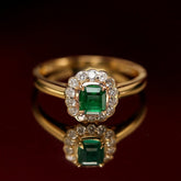 Vintage-Inspired Emerald & Diamond Halo Ring in 18K Yellow Gold