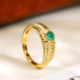Engraved Cabochon Emerald Ring – Chunky Ribbed 18K Gold Band