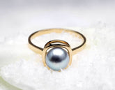 8mm Silver-Grey Tone Akoya Pearl Pavé Ring in 18K Yellow Gold