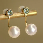 Aquamarine & 8mm Akoya Pearl Earrings - 18K Yellow Gold