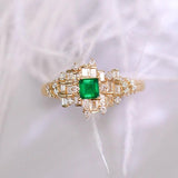 Cluster Emerald & Diamonds Ballerina Design Ring in 18K Yellow Gold
