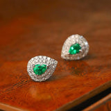 Emerald Teardrop Earrings with Double Diamond Halo in Platinum 950