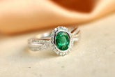 Emerald Oval Cut & Diamond Ring in 18K White Gold