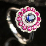 Vintage Sapphire Double Halo 18K Gold Ring with Pink Ruby