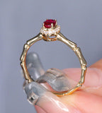 Ruby 18K Gold Bamboo Ring with Halo Diamonds
