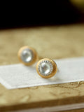 White Jade & Diamond Stud Earrings with Brush Finish in 18K Gold
