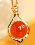 Cabochon Southern Red Agate Diamond Necklace - 18K Yellow Gold