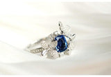 Flower Diamonds Ring with Blue Sapphire - 18K White Gold