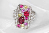 Colorful Pink Red Spinel Statement Ring & Diamond in 18K White Gold