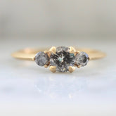 Three Stone Salt & Pepper Diamond Horizontal Stone 18K Gold Engagement Ring