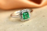 Emerald & Halo Diamonds 18K White Gold Ring