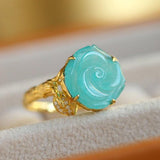 5A Amazonyte Rose Shape & Diamond 18K Yellow Gold Ring