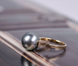 11mm Silver-Grey Tone Tahitian Pearl & Diamonds Ring in 18K Yellow Gold