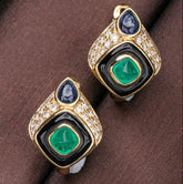 Art Deco Design Emerald Sapphire 18K Yellow Gold Earrings