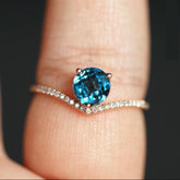 6mm Blue Topaz Chevron Diamonds Ring in 18K Yellow Gold