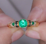 Superior Emerald Black Agate 18K Gold Engraved Ring