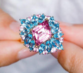 Pink Purple Spinel Kite Cut & Aquamarine 18K Cluster Ring